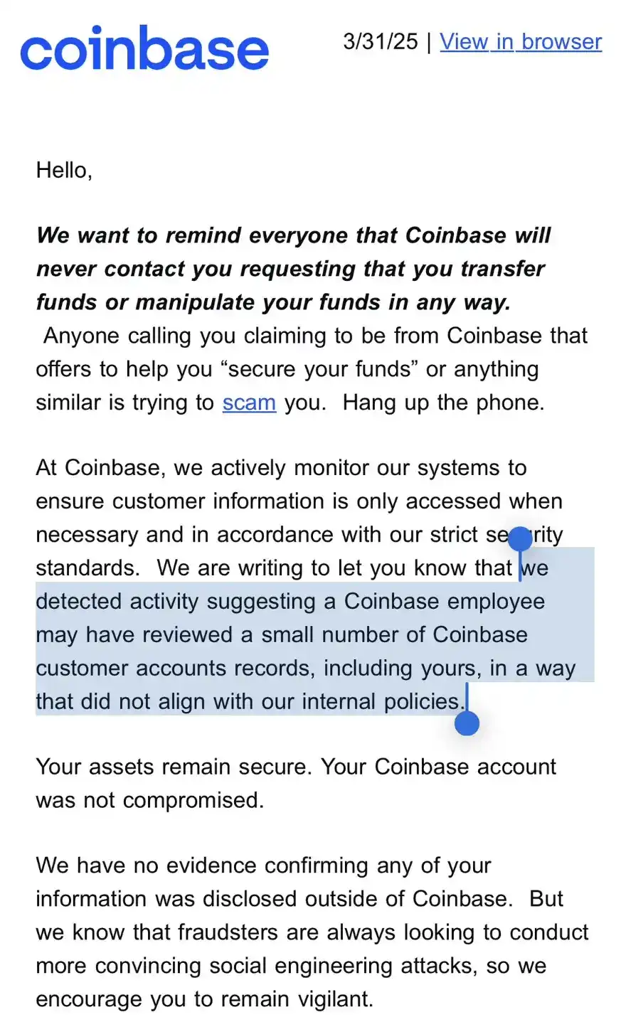 Coinbase惊现「内鬼」？3亿美元诈骗案背后，用户数据遭精准泄露