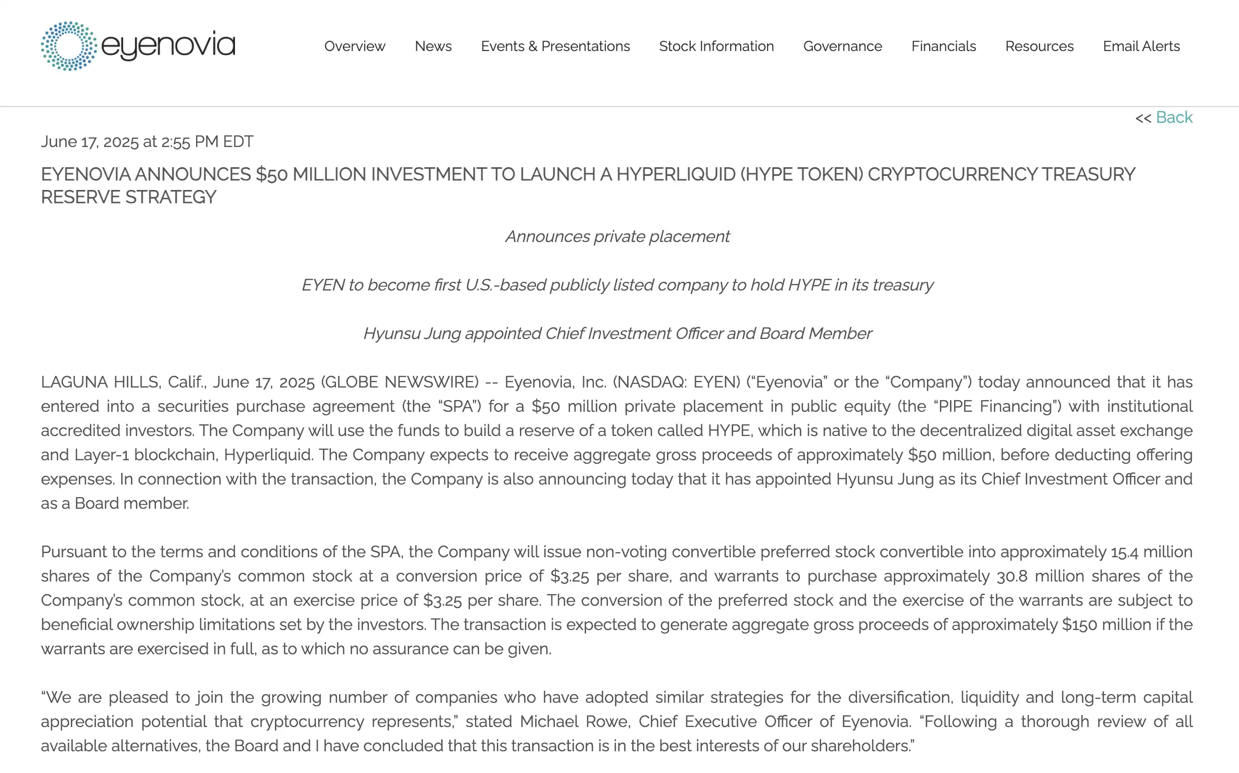 Eyenovia豪掷5000万美元押注Hyperliquid HYPE能否绝地反击